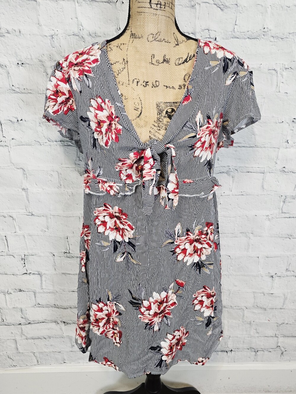 Womens floral mini dress Sz XL cap sleeve Babydoll striped casual A1